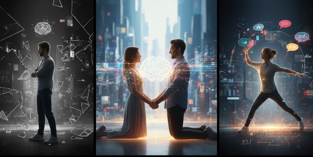 A depiction of two minds connecting with flexible pathways