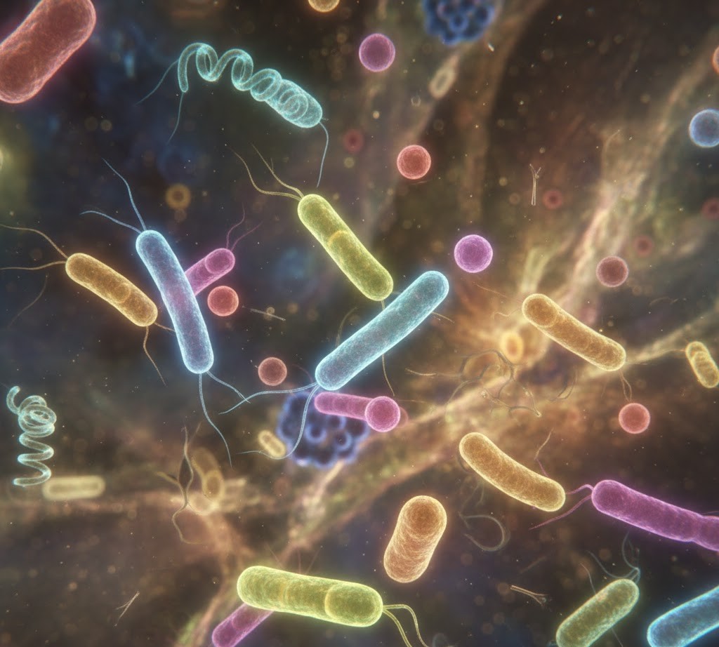 An illustration of the bacteria and microorganisms living inside the human body.