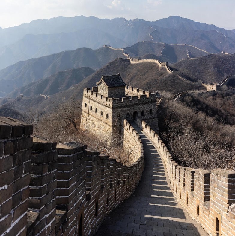 A long section of the Ming Dynasty Great Wall with watchtowers.